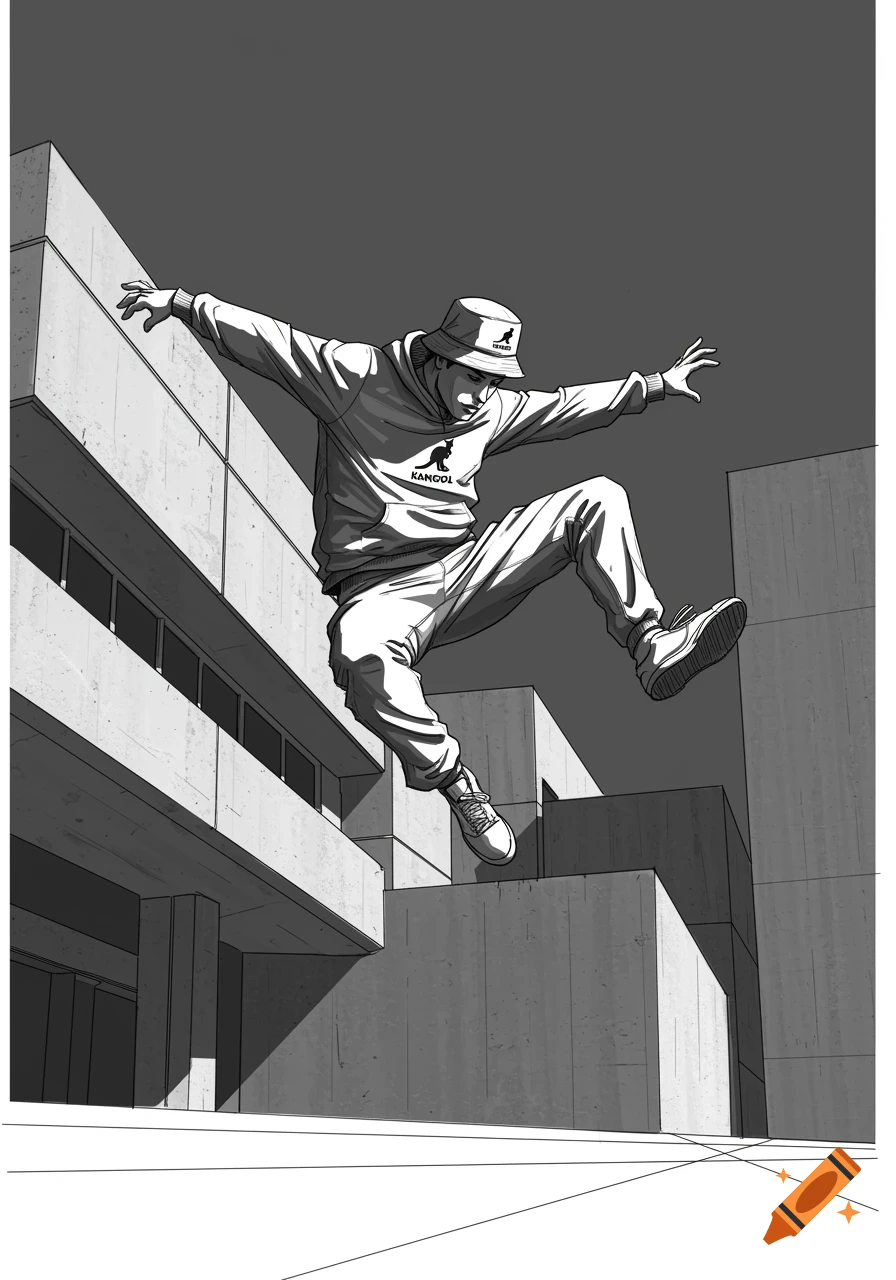 Black and white sketch of a man in baggy clothes and a Kangol hat performing parkour between brutalist buildings.