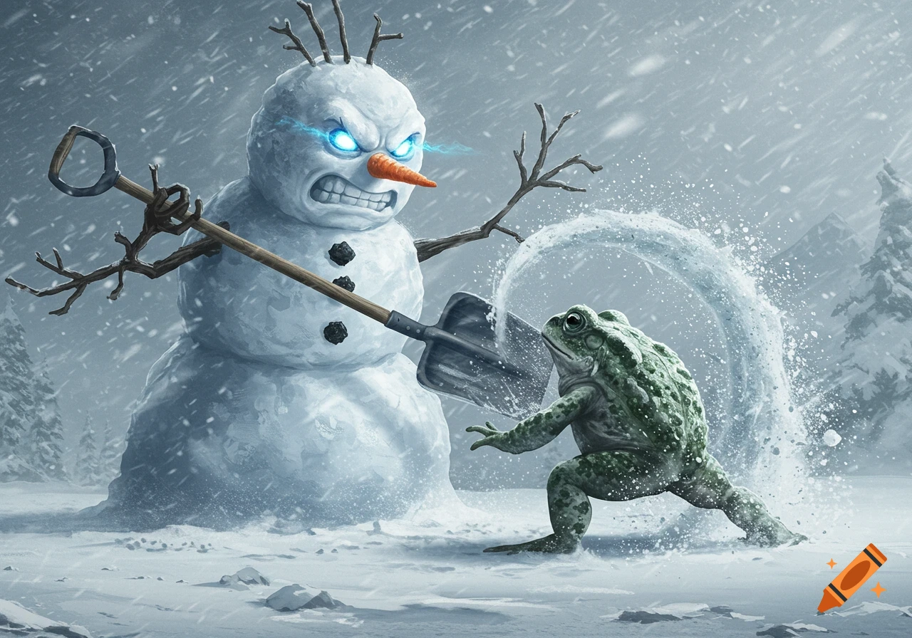 An angry snowman with glowing blue eyes attacks a toad with a snow shovel in a blizzard.