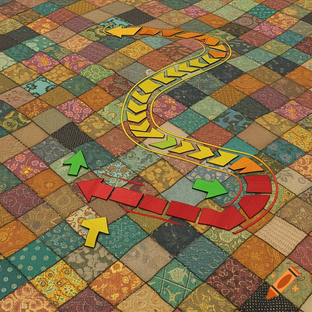Colorful arrows forming winding paths on a textured patchwork quilt.