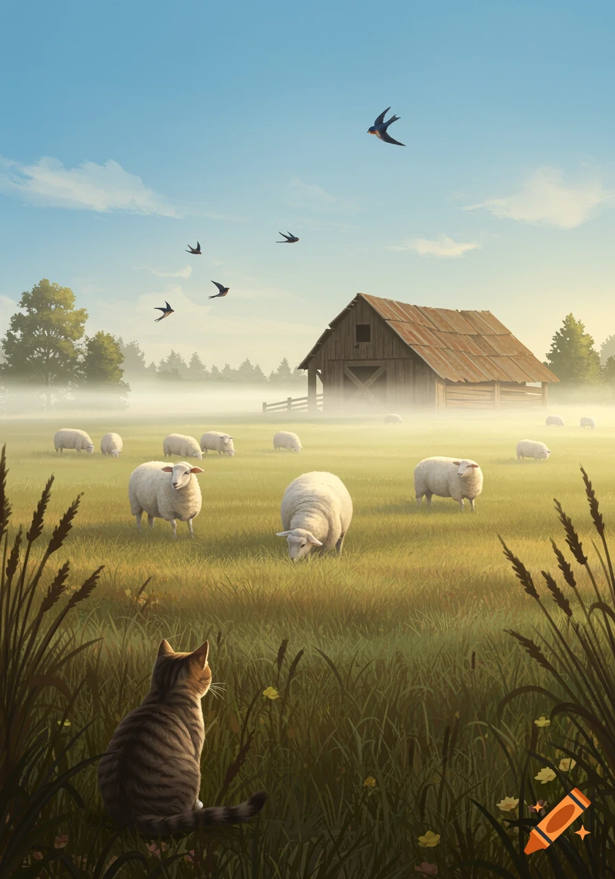 A cat sits in tall grass looking at sheep grazing in a misty field near a barn with birds flying overhead. Digital painting style.