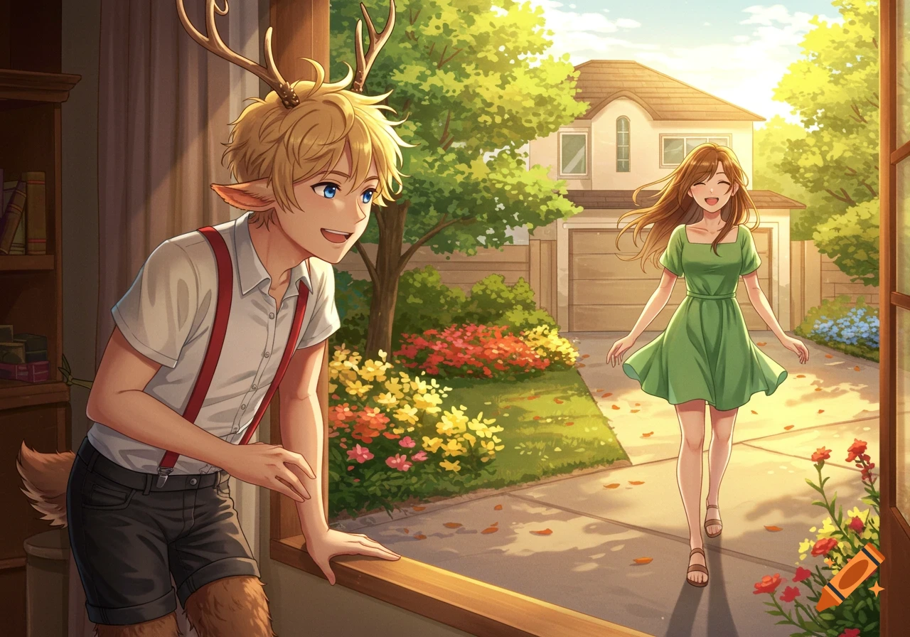 Anime-style image of a blond satyr boy looking out a window at a brown-haired girl in a green dress walking up a sunny suburban driveway.