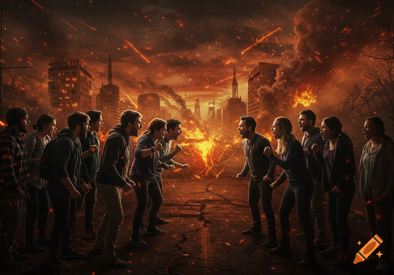 Two opposing groups of people scream at each other in a realistic photo of a crumbling, fiery apocalyptic city.