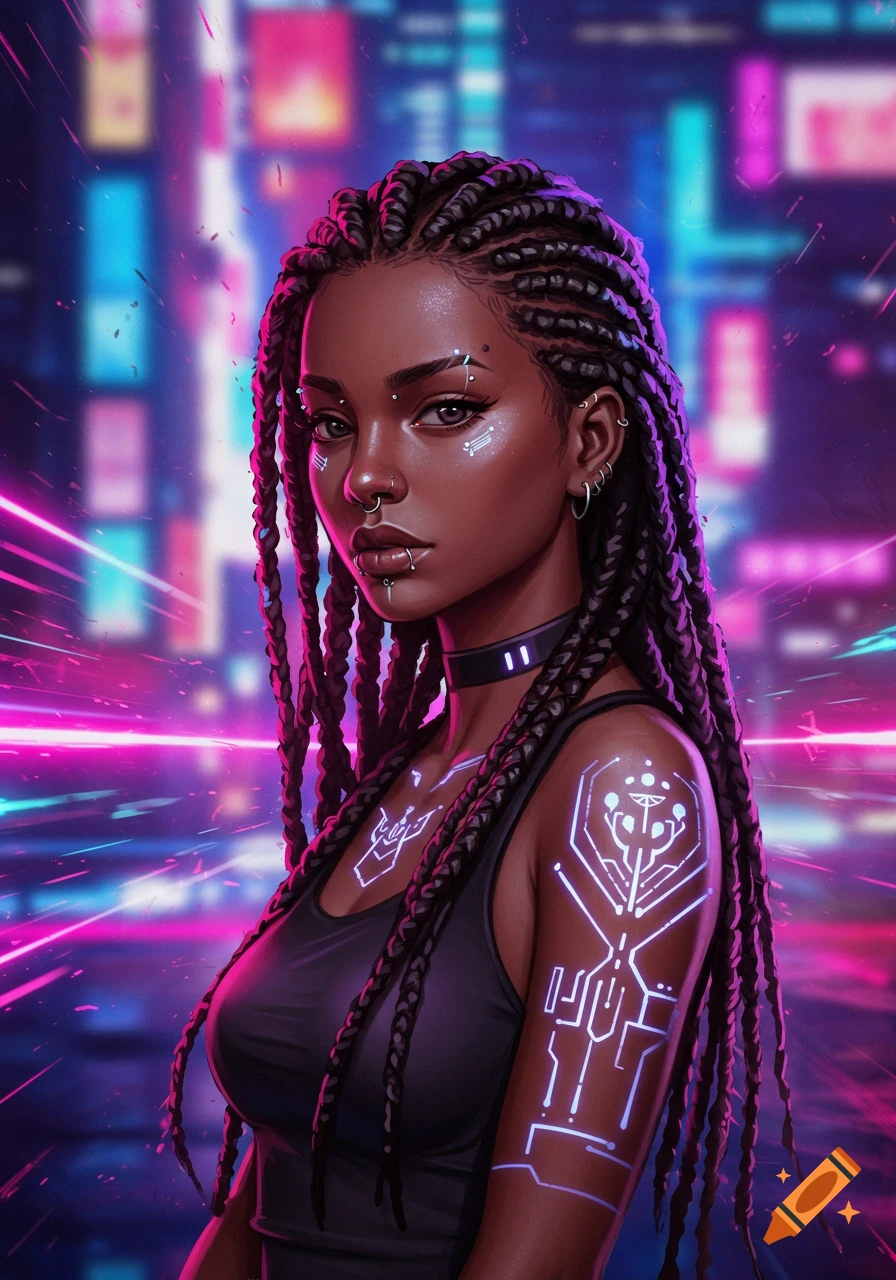 Cyberpunk portrait of a woman with braided hair, glowing circuit tattoos, and piercings against a neon city background.