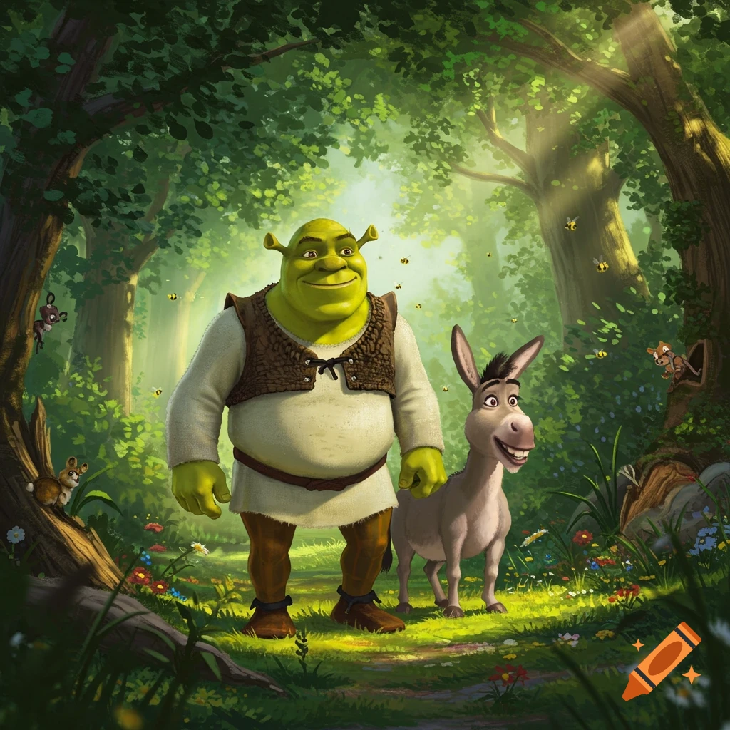 Shrek and Donkey smile on a sunlit forest path with flowers, bees, and small animals. Digital illustration style.