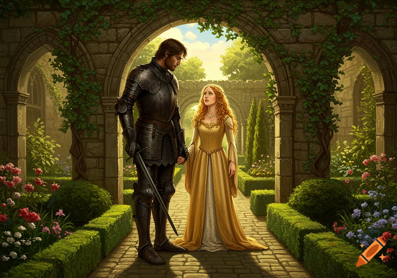 A knight in armor and a princess in a gold gown hold hands in a lush medieval castle garden with stone arches and ivy.