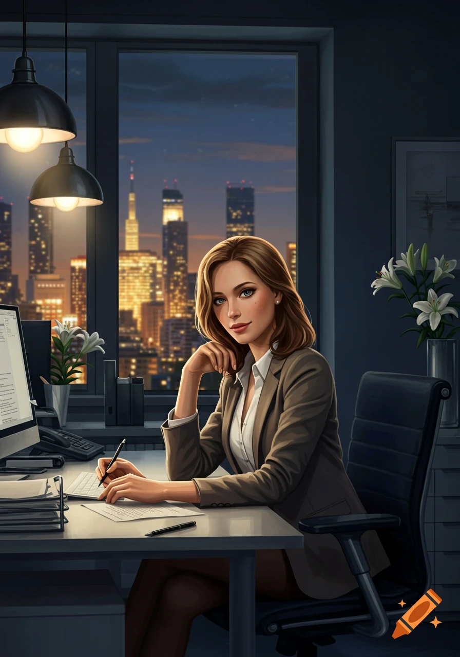 A woman in a business suit sits at an office desk, looking at the viewer, with a city skyline visible through a large window at night. Digital illustration.