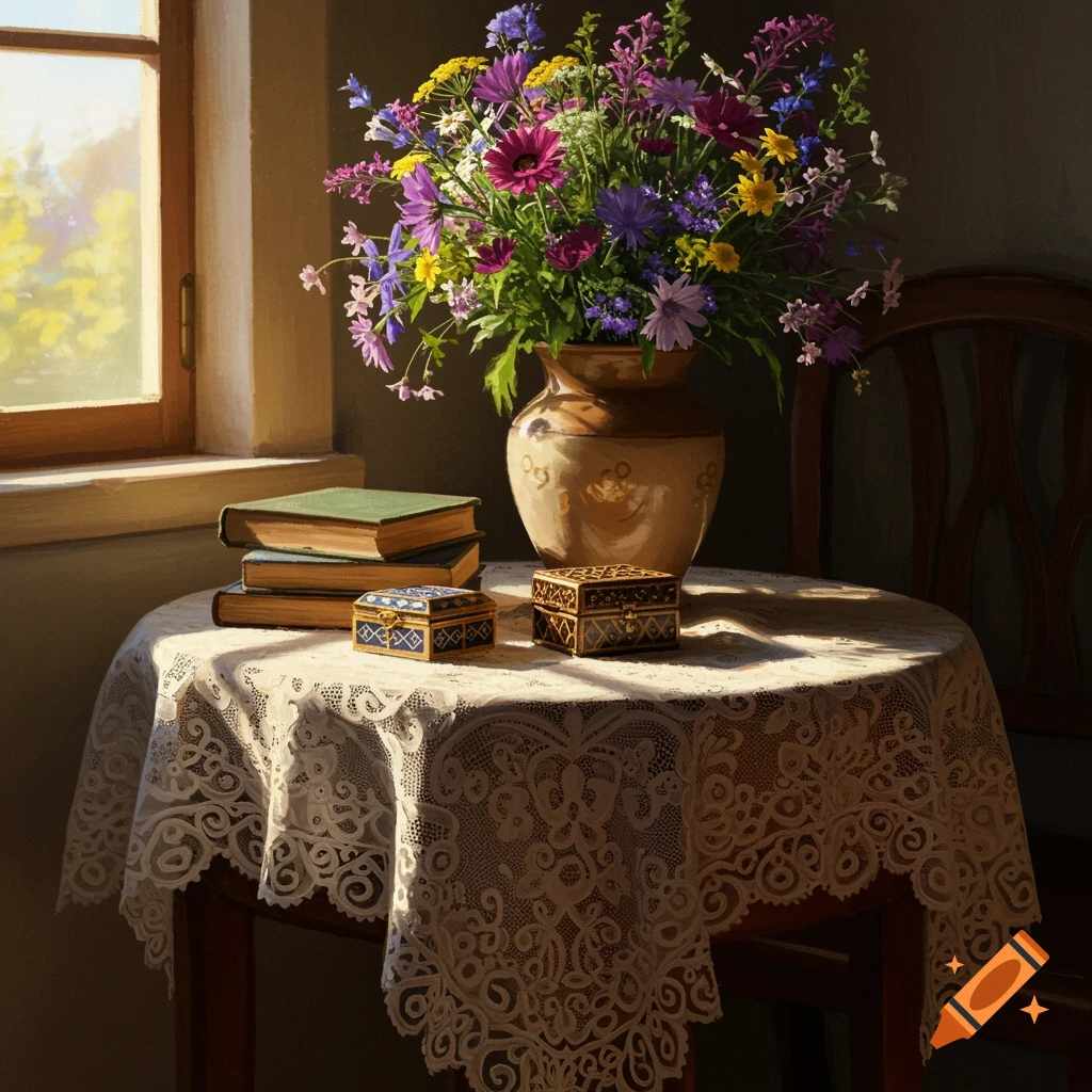 A still life painting of a colorful bouquet in a vase, books, and ornate boxes on a lace-covered table beside a sunlit window.