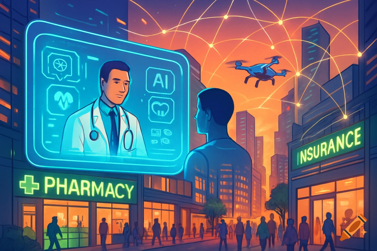 A futuristic cityscape with a holographic doctor, network lines, and buildings labeled 'Pharmacy' and 'Insurance', depicting advanced healthcare technology.