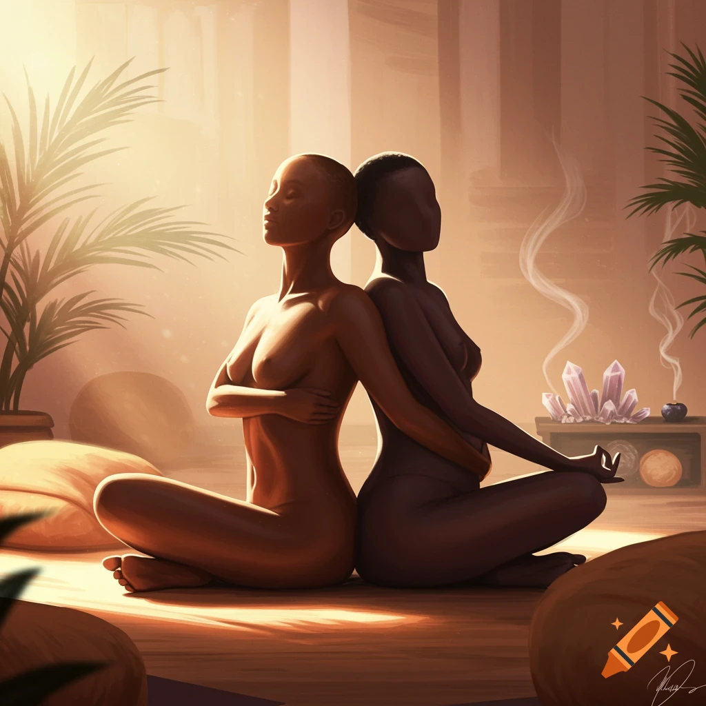 Two faceless nude women with dark skin tones sit back-to-back in a yoga pose in a warmly lit room with plants and crystals.