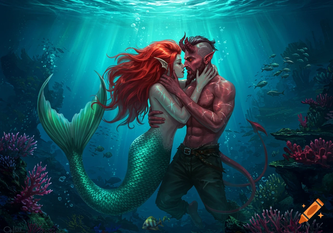 A vibrant illustration of a red-haired mermaid embracing a horned demon man underwater amidst coral and fish.