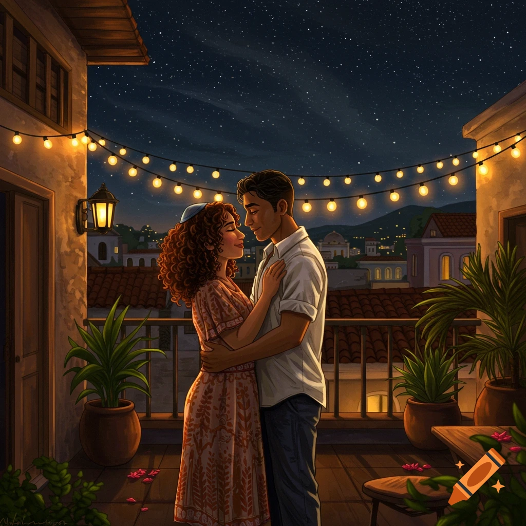 An illustrated couple embracing on a balcony at night, illuminated by string lights, with a city skyline under a starry sky.