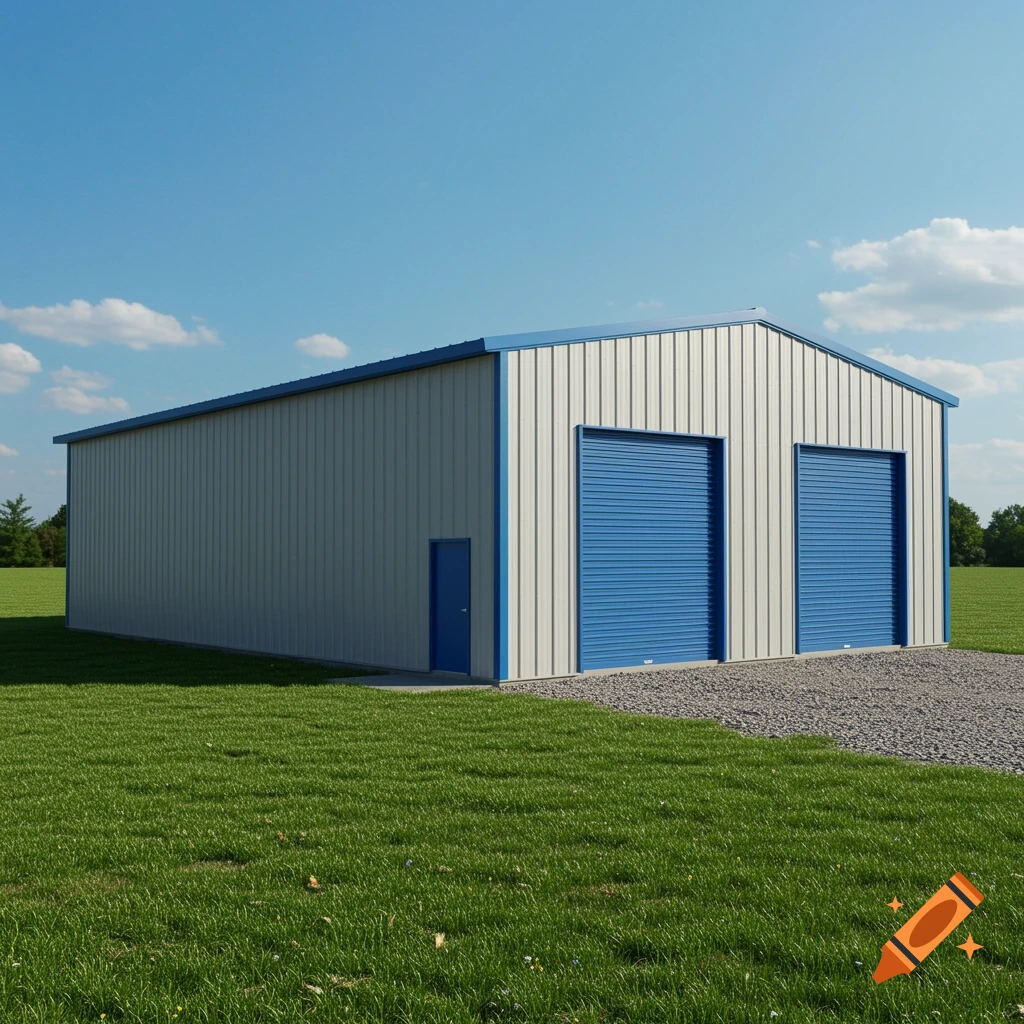 A large metal building with white siding, a blue roof, two blue roll-up garage doors, and a small blue door on a green grassy field under a blue sky.