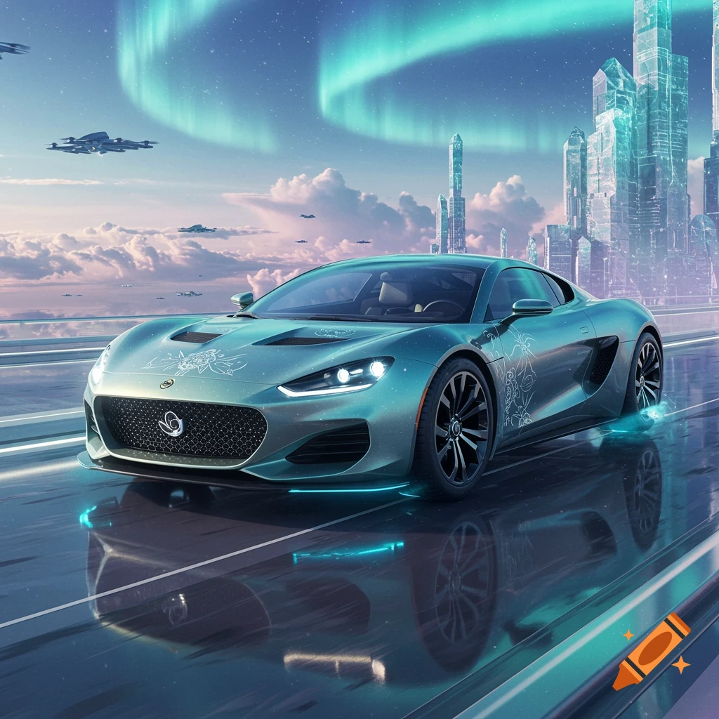 A futuristic teal sports car on a reflective sky bridge under a night sky with aurora borealis and a modern cityscape.