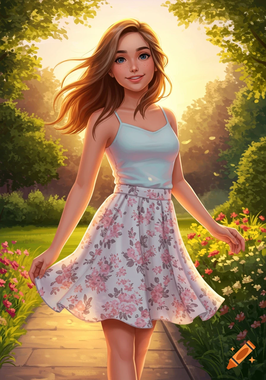 An illustrative digital painting of a young woman with long brown hair, wearing a light blue tank top and a floral skirt, walking on a path in a sunlit garden.