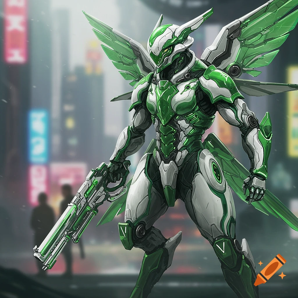 A sleek, green and white mech suit with wings stands in a futuristic city, holding a blaster.