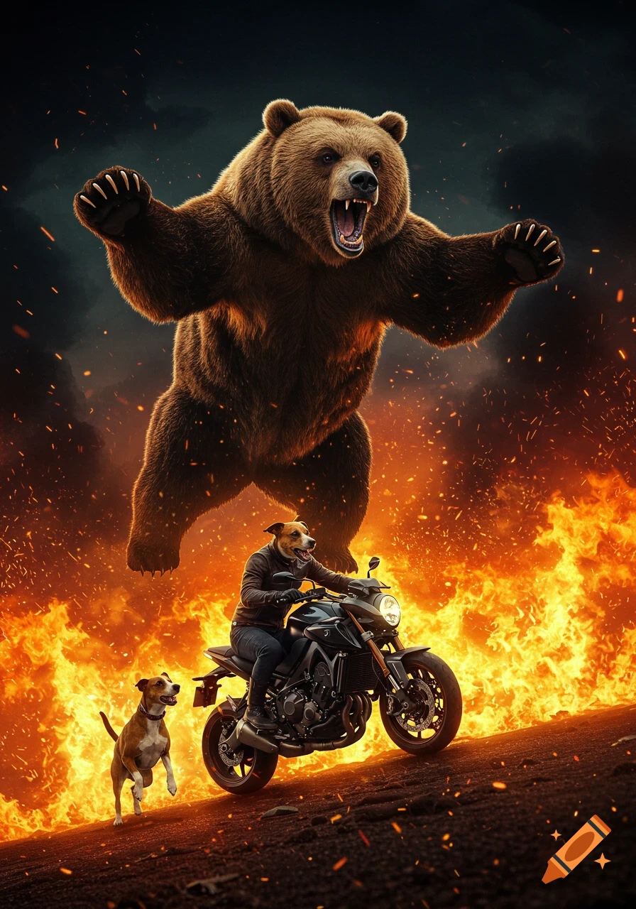 A giant roaring bear jumps over a person with a dog's head riding a motorcycle, with a small dog running nearby, all against a fiery background.