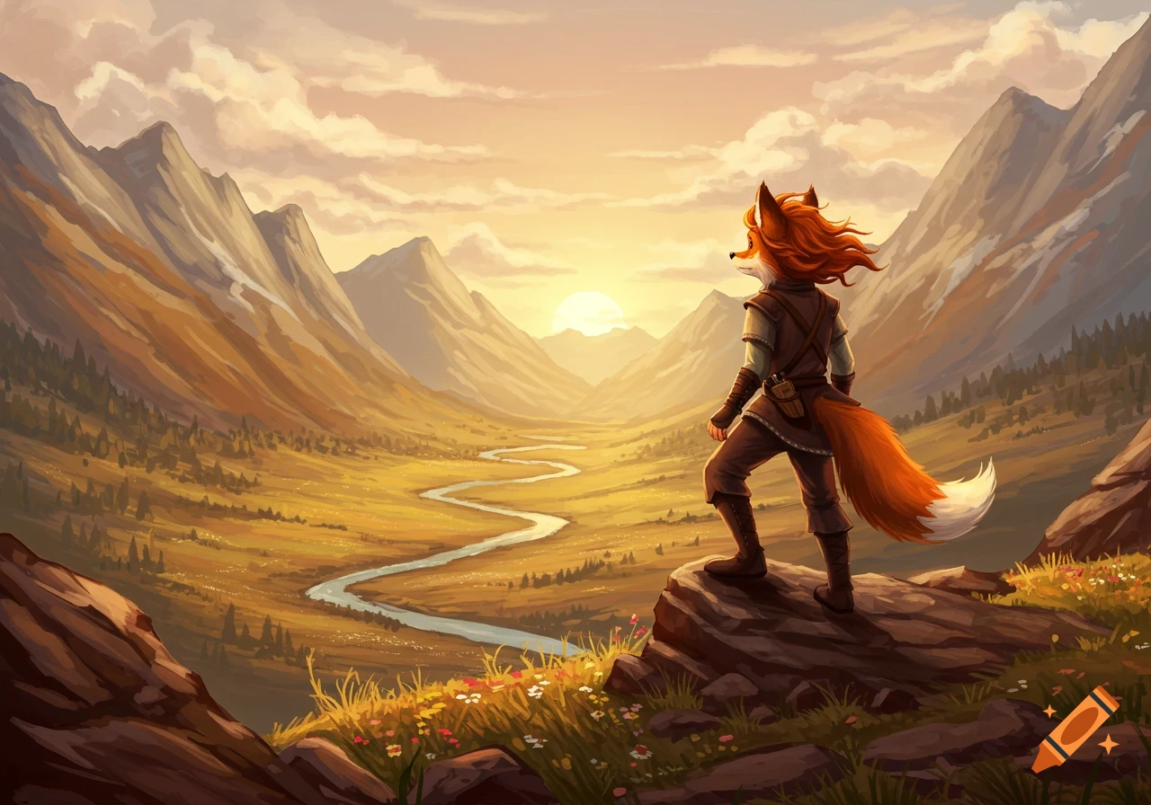 An anthropomorphic fox adventurer gazes at a sweeping mountain valley with a winding river under a golden sunset, stylized art.