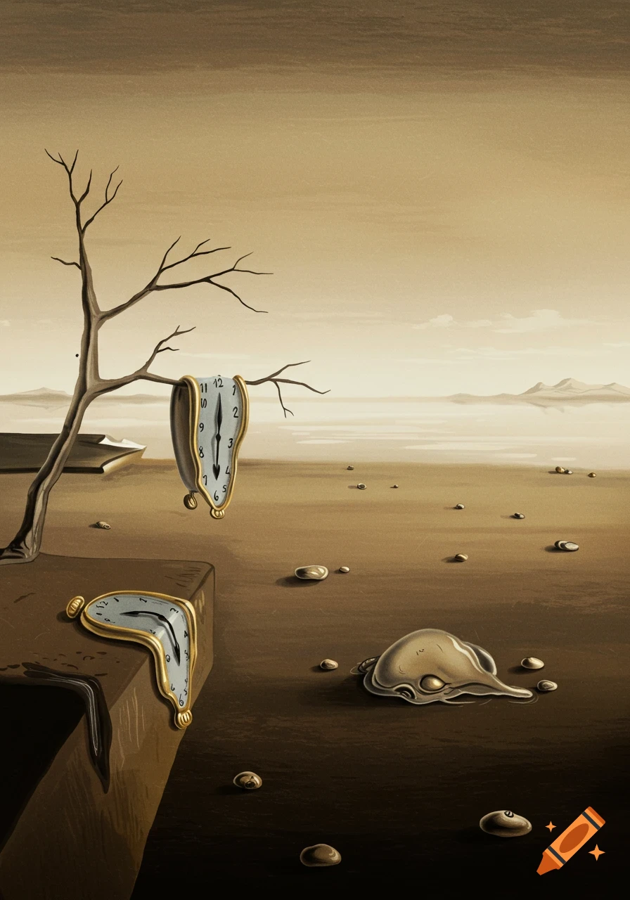 A surrealist painting in sepia tones depicts melting clocks in a barren landscape, with one hanging from a tree branch.