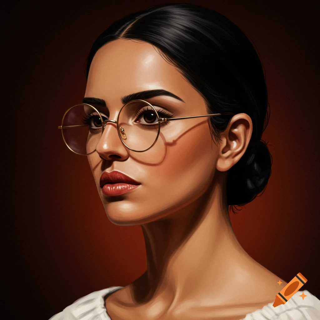 Portrait of a woman with dark hair in a bun and round glasses, looking to the side. Digital painting style.