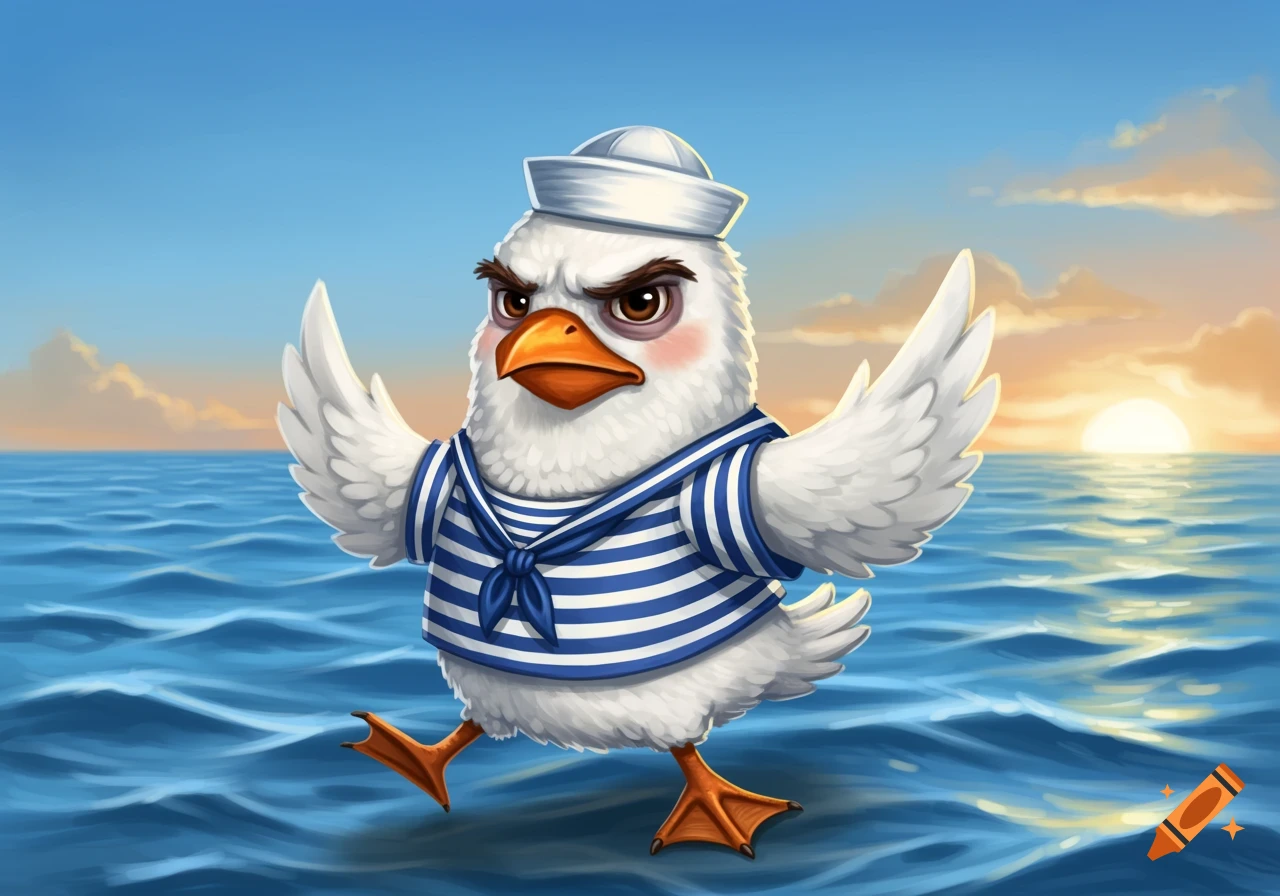 A grumpy cartoon seagull wearing a sailor uniform stands in the blue ocean at sunset.