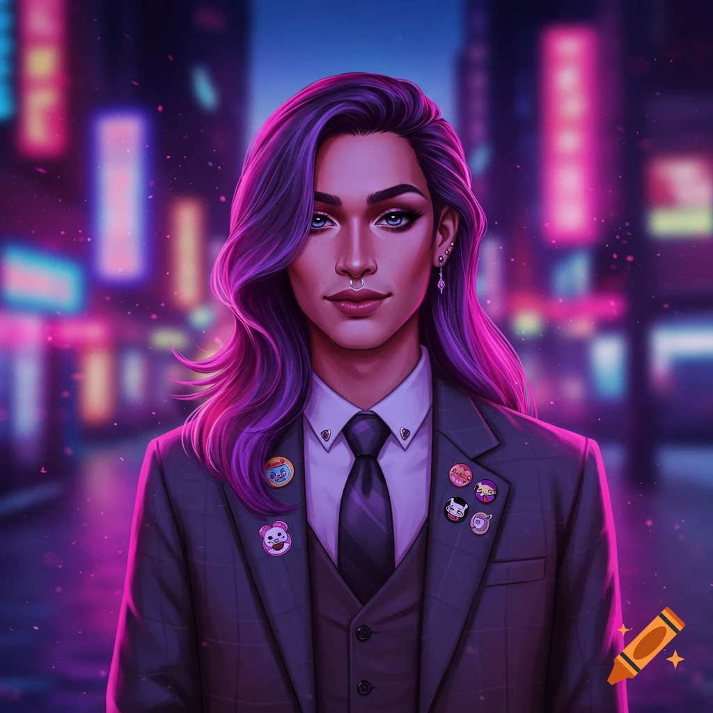 Digital art portrait of a person with long purple hair wearing a suit with pins, set against a blurred neon city background.