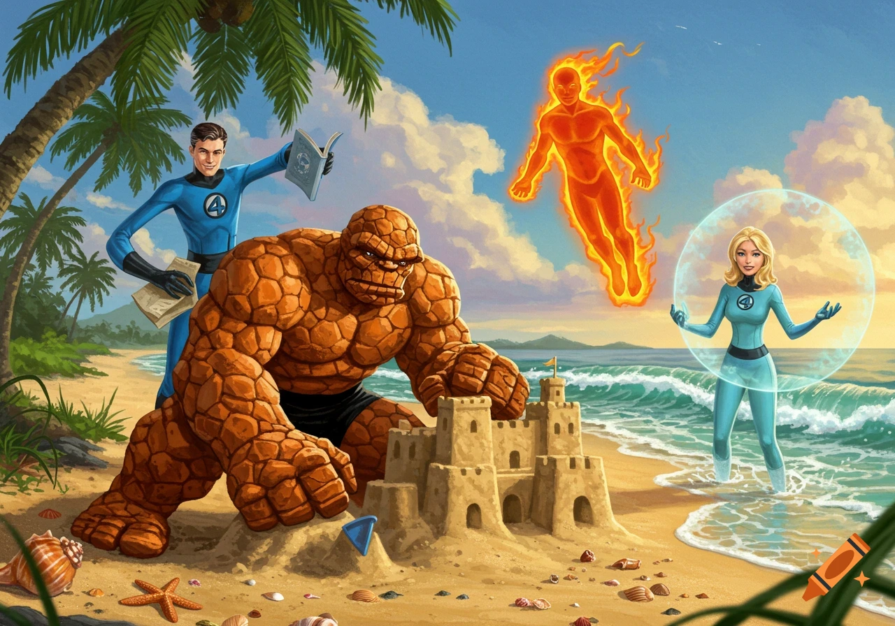 The Fantastic Four superheroes at a tropical beach. The Thing builds a sandcastle, Mr. Fantastic reads, Human Torch flies, and Invisible Woman stands in the ocean.