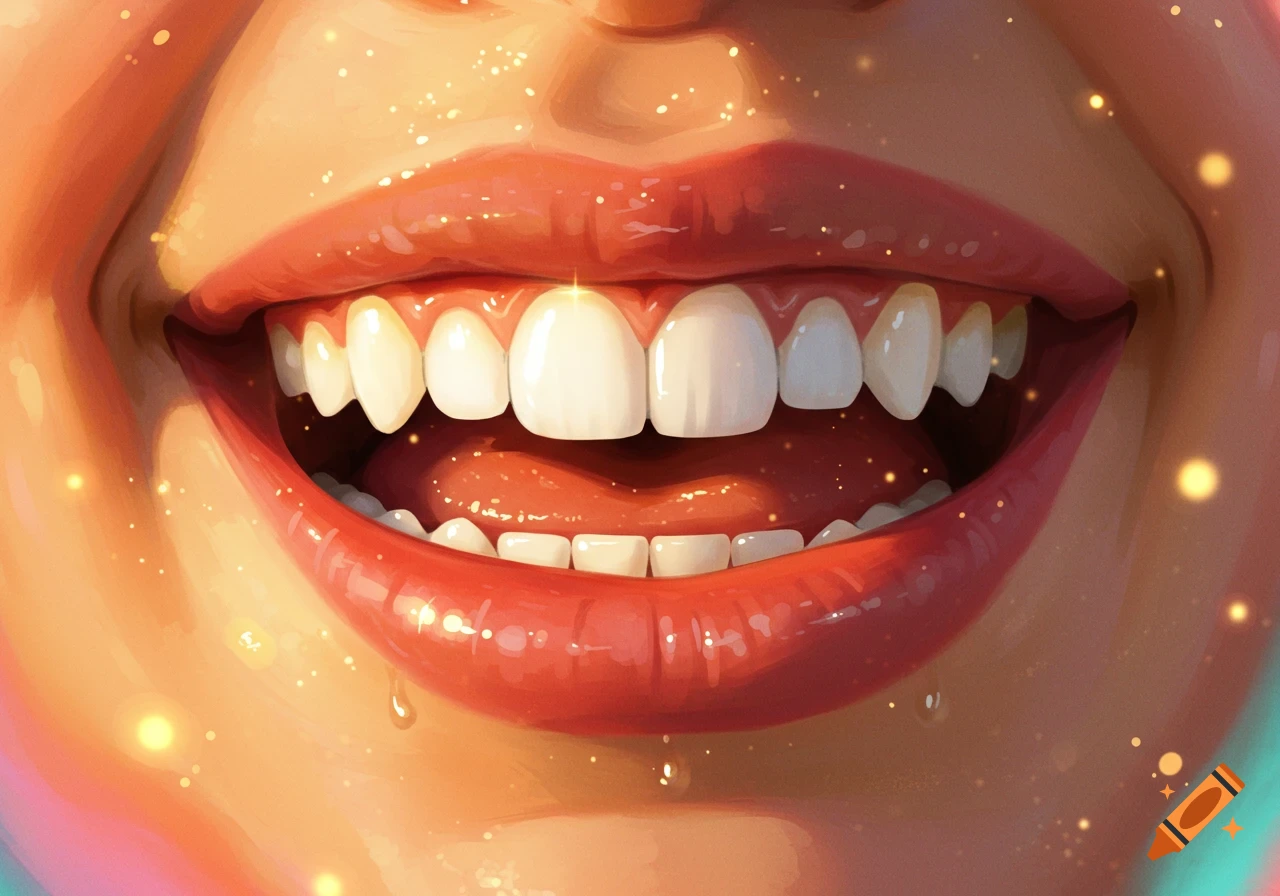 Close-up of a smiling mouth with bright red lips, white teeth, a pink tongue, and sparkling glitter on the skin.