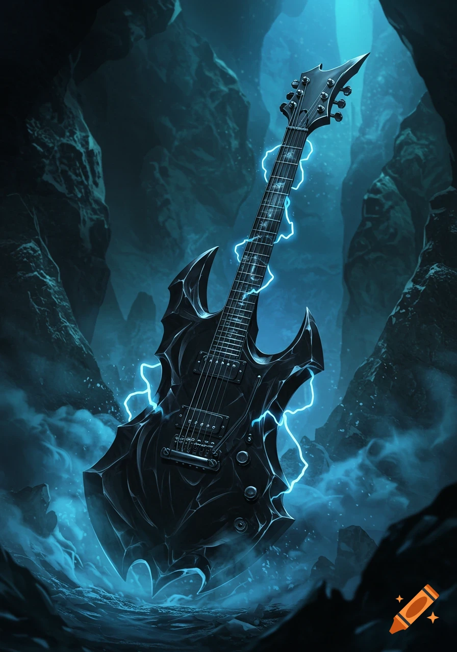 A dark, axe-shaped electric guitar with sharp edges, glowing with bright blue lightning, floating in a misty, dark cave.
