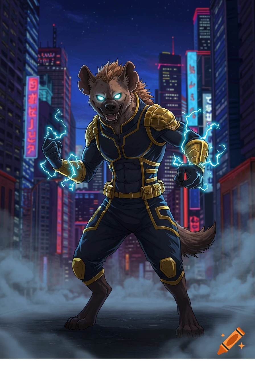 An anthropomorphic hyena superhero in a black and gold suit, with glowing blue eyes and electricity crackling from its fists, stands in a futuristic city at night.
