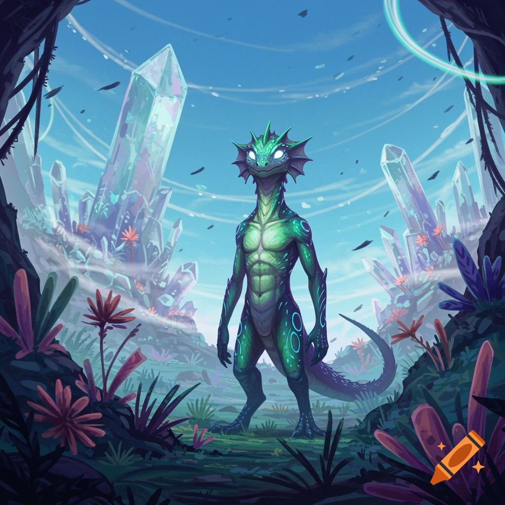 A green lizard-like creature stands in an alien landscape filled with large, glowing crystals and unusual plants under a blue sky.