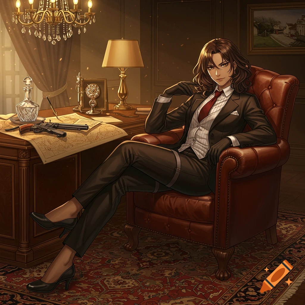 An anime-style character in a dark suit, vest, and red tie sits in a leather armchair in a lavish office, a gun on the desk.