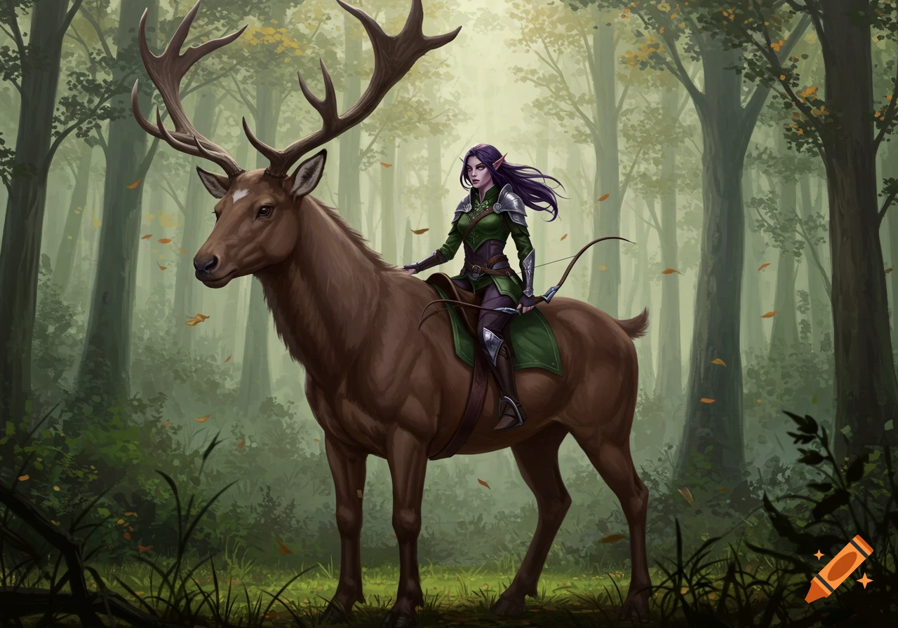 A female elf ranger with purple hair rides a giant stag through a sunlit forest.