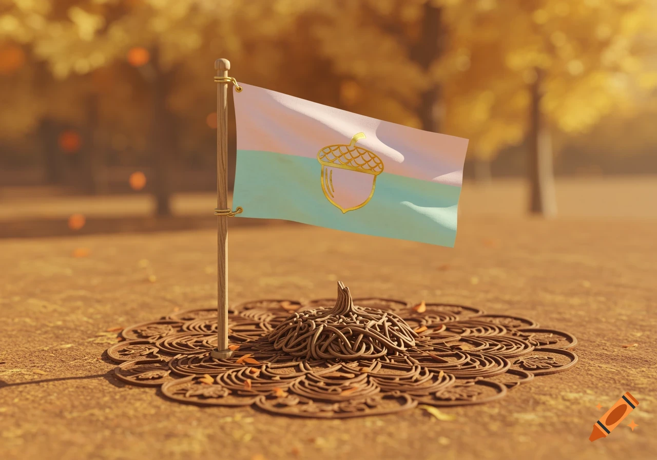 A pale pink and mint green flag with a golden acorn on a flagpole, rooted in a brown mandala on the ground in an autumn setting.
