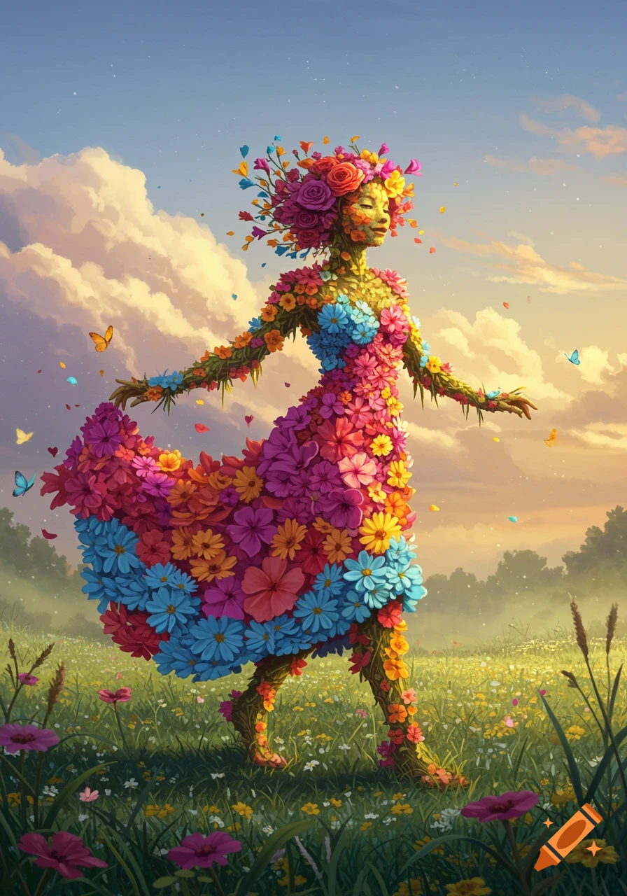 A vibrant woman made entirely of colorful flowers dances through a sunlit field with butterflies under a cloudy sky.