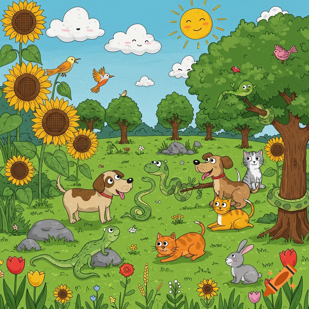 A vibrant cartoon illustration of various animals, including dogs, cats, birds, snakes, a lizard, and a rabbit, coexisting peacefully in a sunny green field with sunflowers and trees.