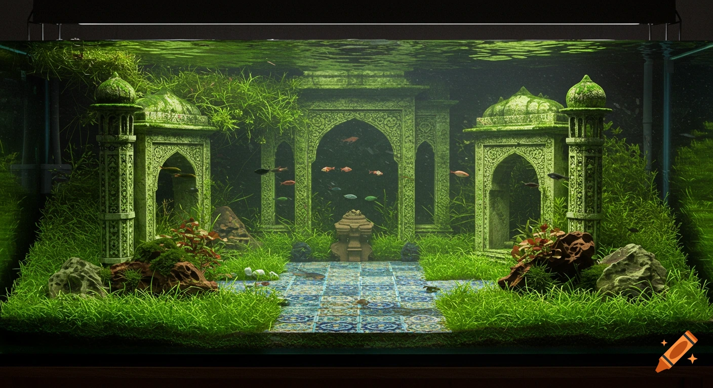 Photorealistic aquascape with lush green plants, moss-covered Mughal-style architecture, and colorful fish in a large tank.
