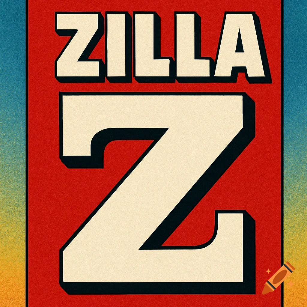 Red banner with a large cream-colored Z and the word ZILLA above it, in a retro comic book style with a grainy texture and gradient background.