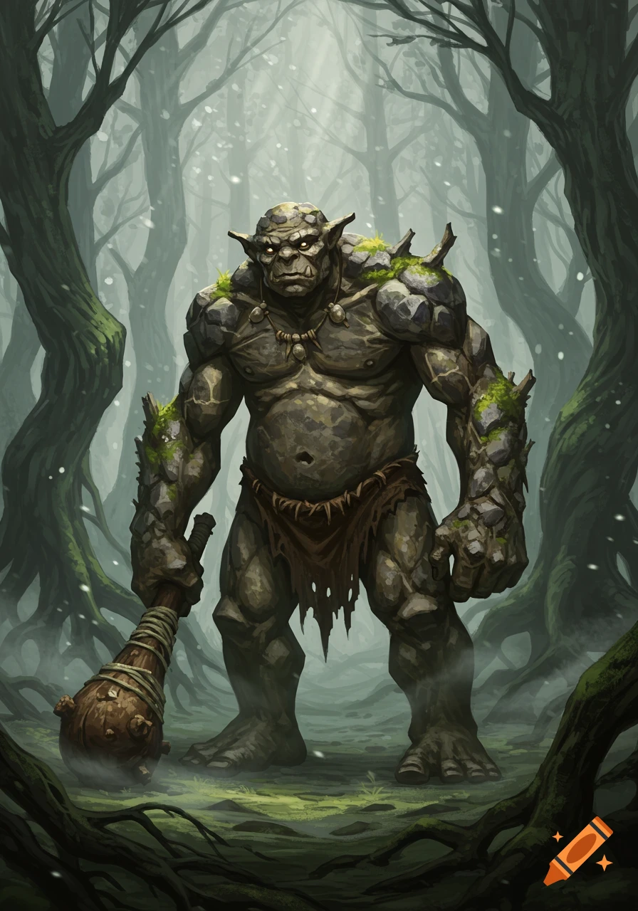 A muscular, rock-skinned troll with glowing eyes, covered in moss, holds a wooden club in a misty, dark forest. Fantasy art style.