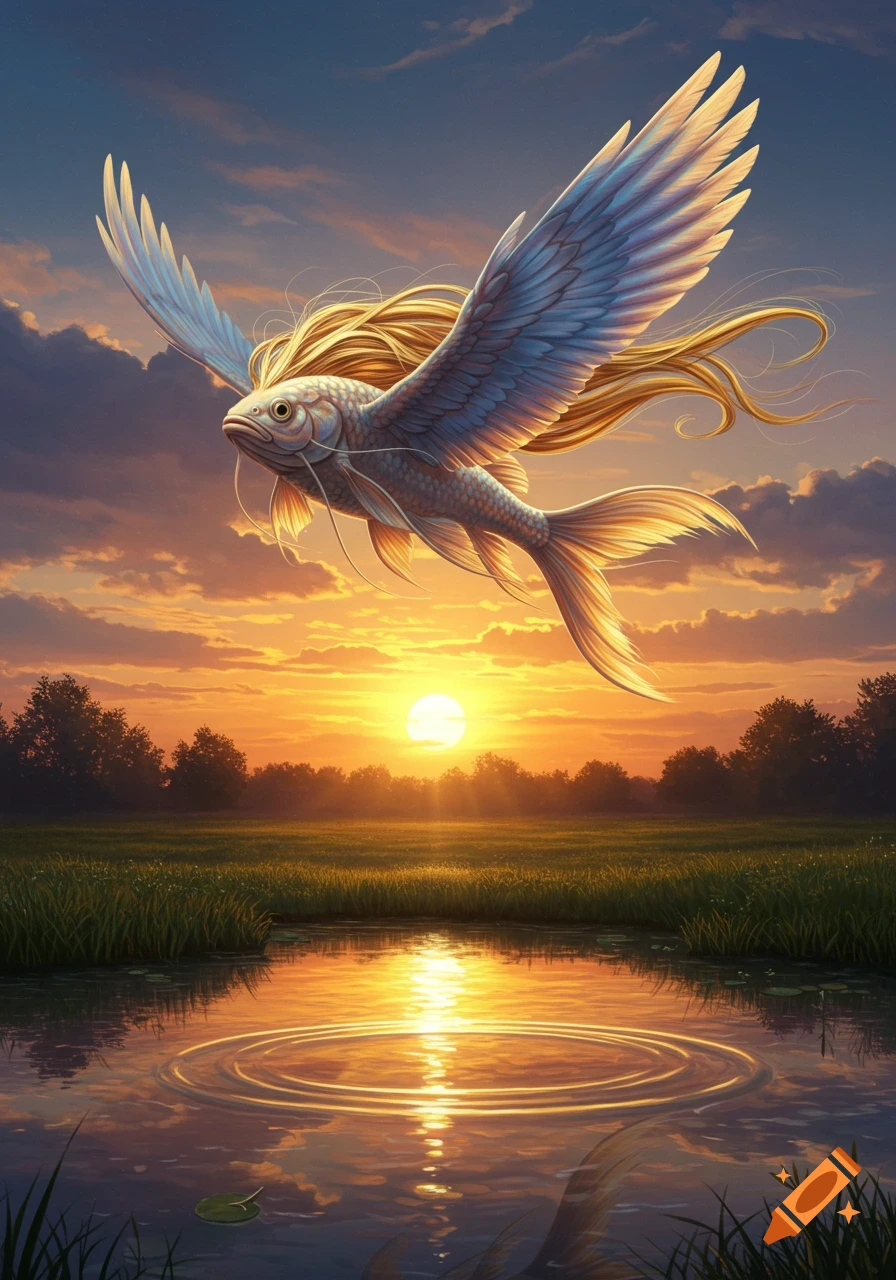 A winged fish with flowing blonde hair flies above a lake, reflecting a golden sunset over a green field.