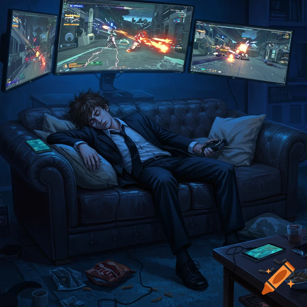 An anime-style illustration of a young man in a suit and tie, passed out asleep on a couch, surrounded by three gaming monitors displaying action-packed game scenes.