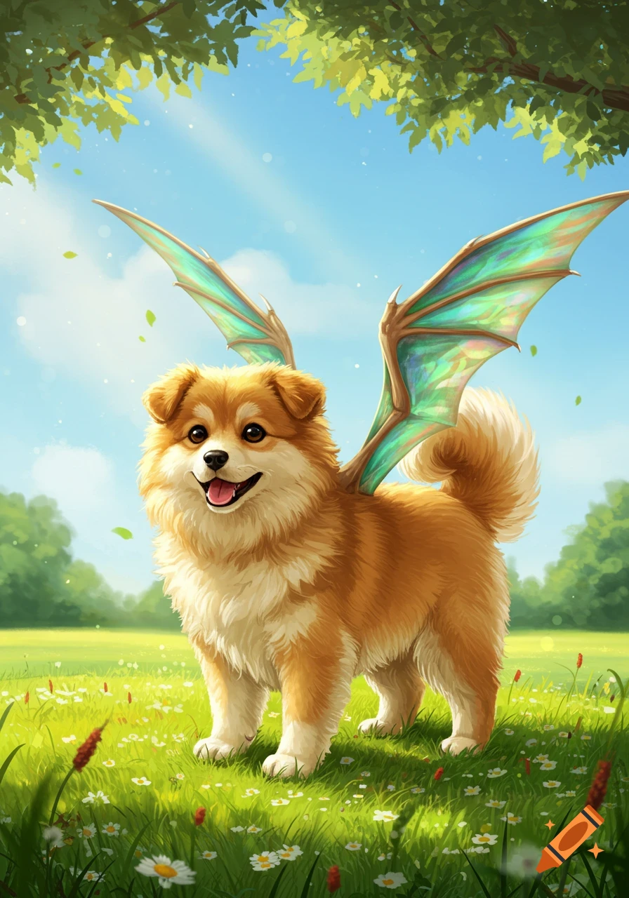 A cute fluffy dog with dragon wings stands in a sunny field of green grass and white flowers under a blue sky.