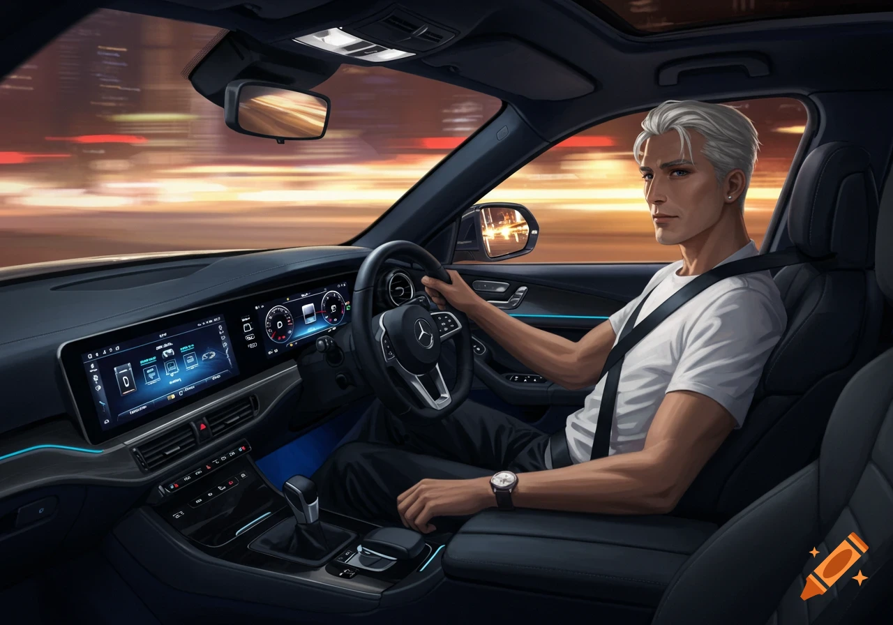 A white-haired man in a white t-shirt drives a Mercedes car at night, city lights blurring past.