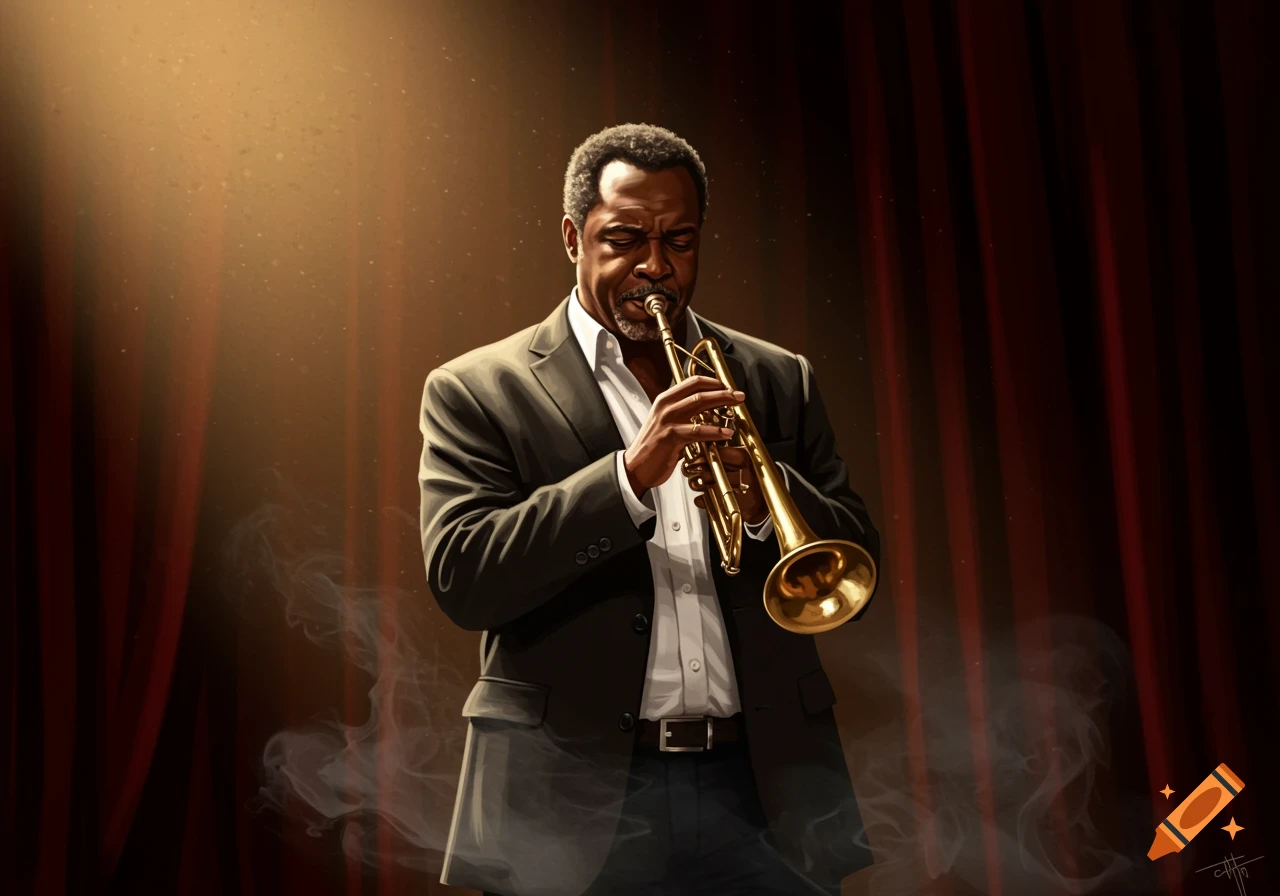 A man in a suit plays a trumpet on a dimly lit stage with red curtains and spotlights.