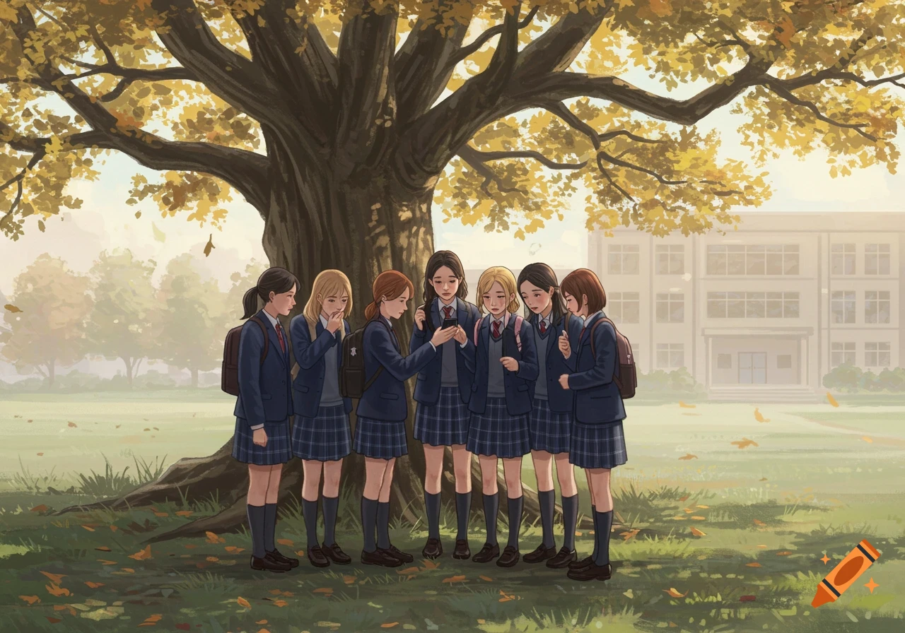 Seven anime-style schoolgirls in uniform stand under a large tree with autumn leaves, looking at a phone, with a school building in the background.