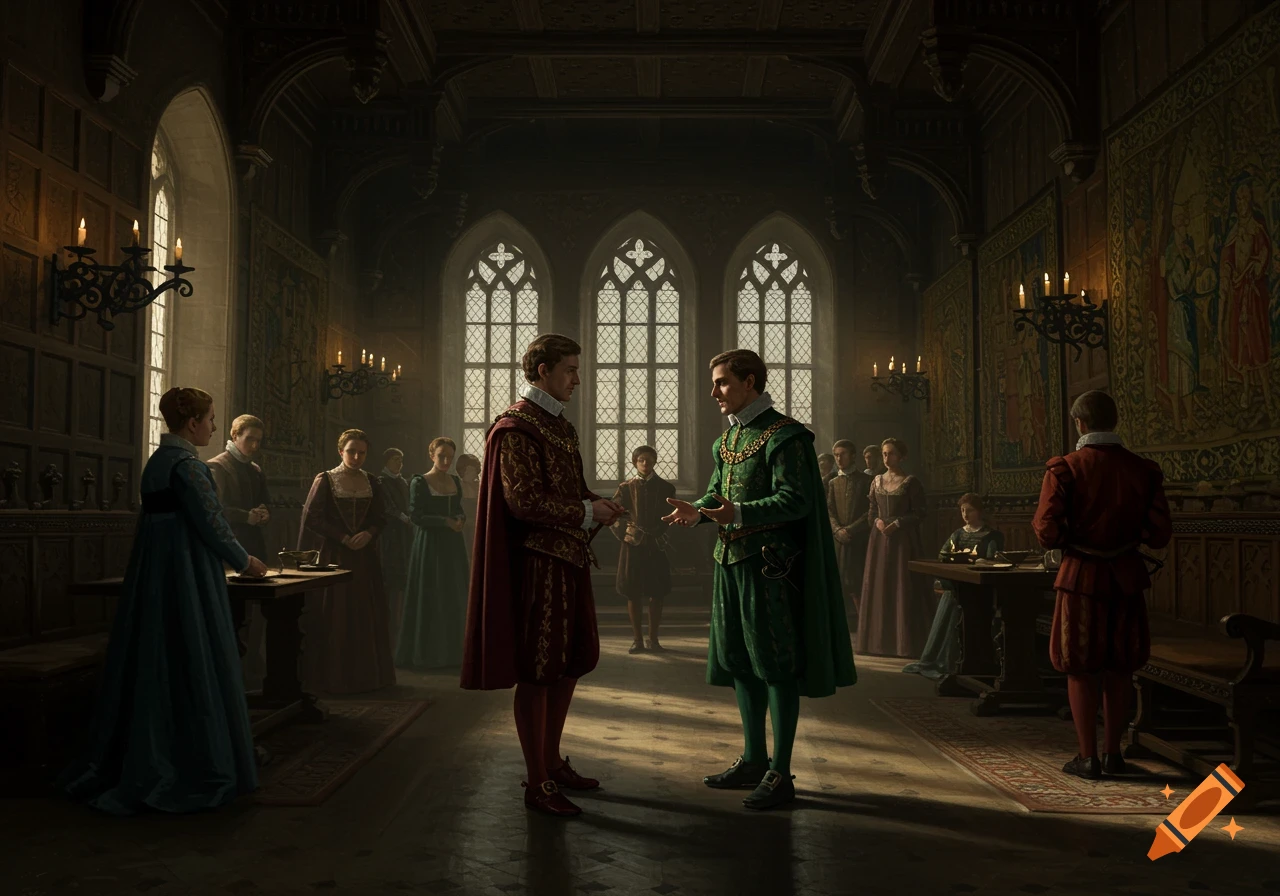 Two men in elaborate Tudor-era attire converse in a grand, dimly lit hall, surrounded by other figures.