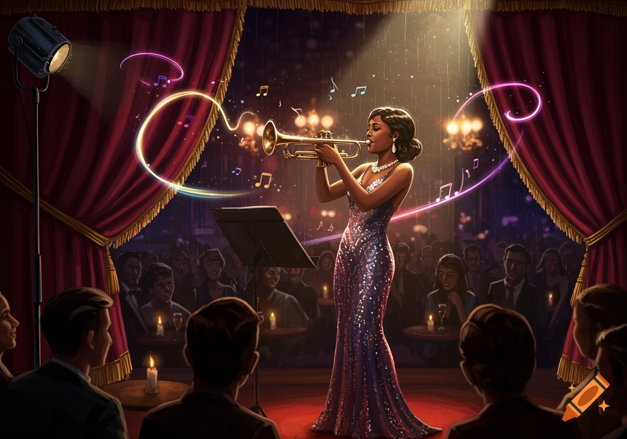 A woman in a sparkly dress plays a trumpet on a stage, with an audience and glowing musical notes.