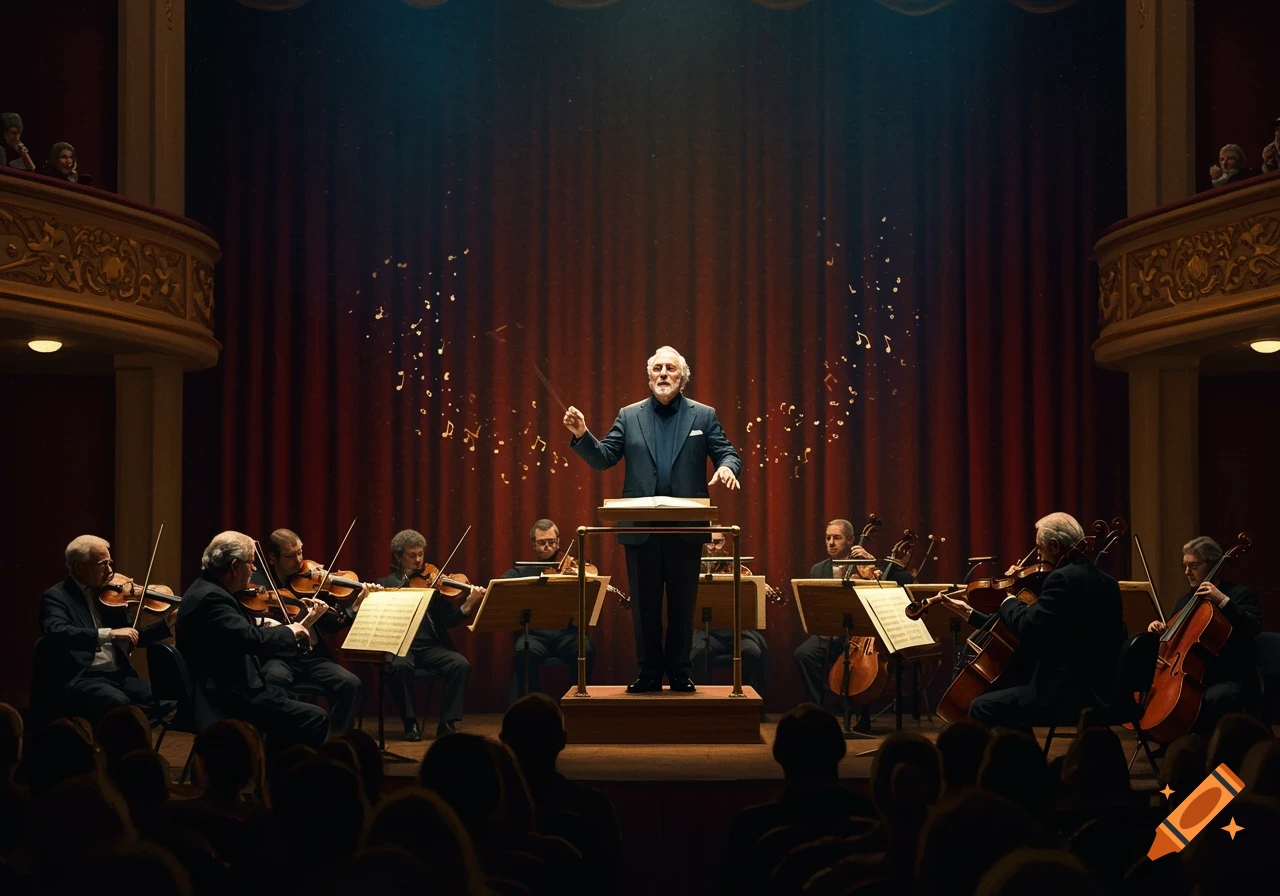 A conductor leads an orchestra on stage, with musical notes floating around, in a grand concert hall.