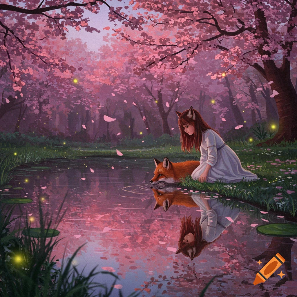 A fantasy illustration of a girl with fox ears and a fox looking at their reflections in a cherry blossom pond.