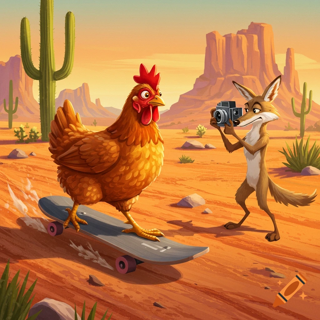 A cartoon chicken rides a skateboard while a coyote films it in a desert landscape with cacti and mesas.