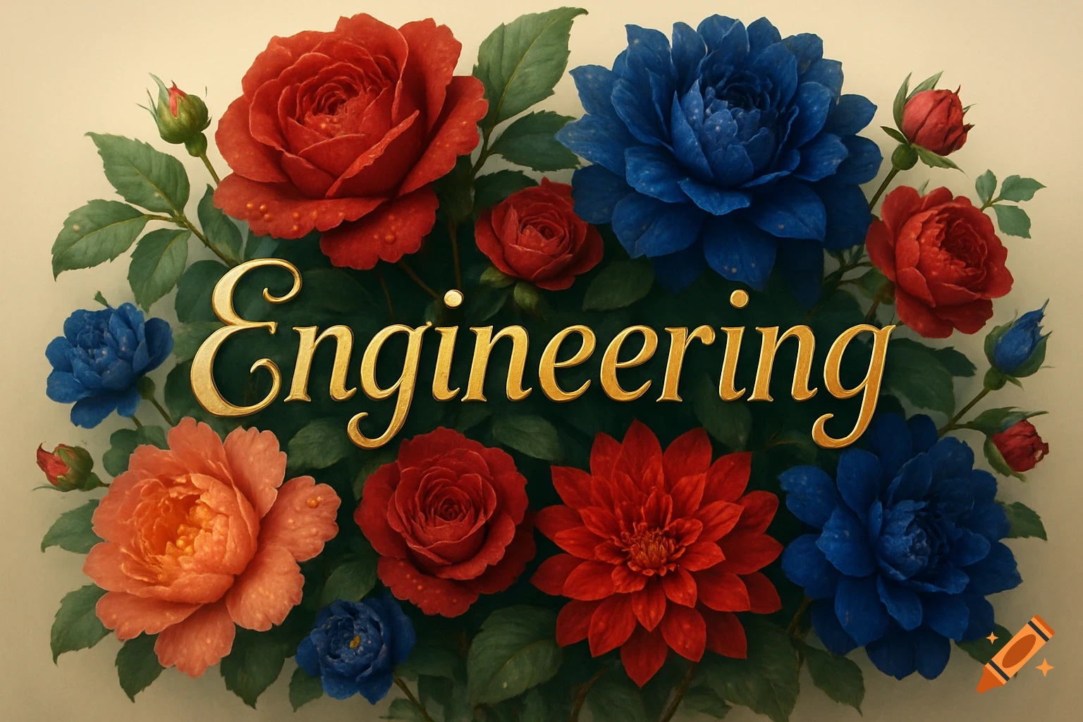 Gold 'Engineering' text surrounded by a vibrant bouquet of red, blue, and peach flowers with green leaves.